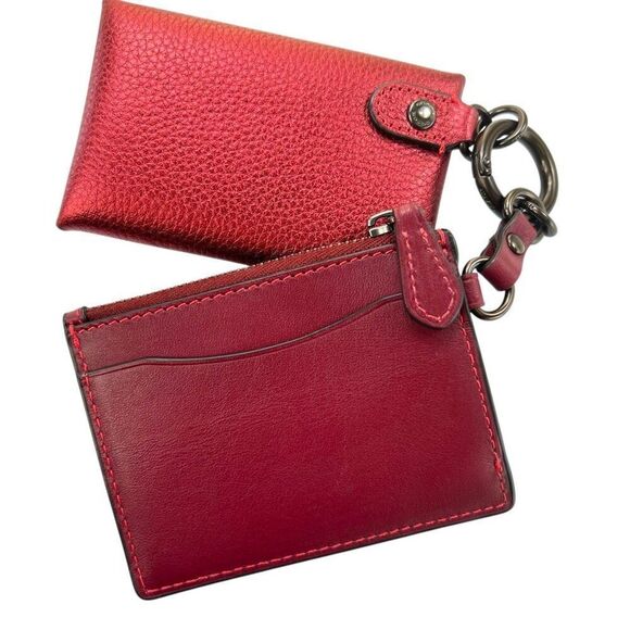 Coach Rare NWOT Dual Card Case Red Metallic Leather Card Case & Key Ring - Picture 9 of 12